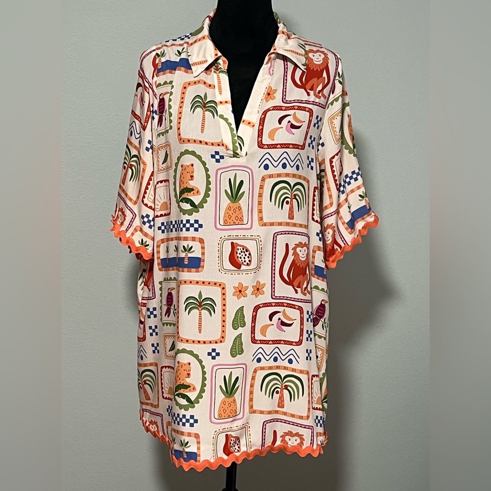 UMGEE Silky Tropical Print Short Sleeve V Neck Shirt Dress- M
